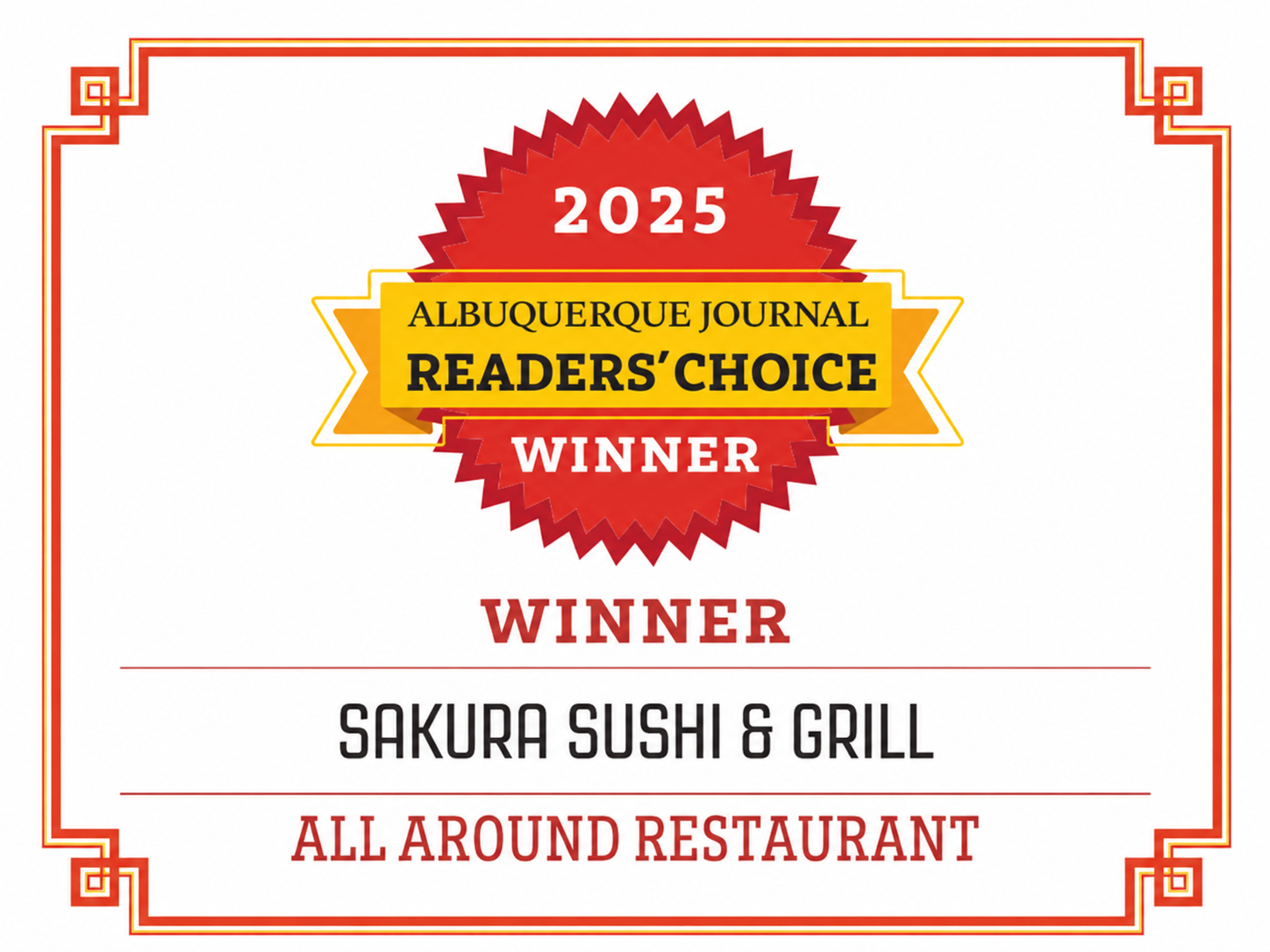 2025 Albuquerque Journal Readers' Choice winner Sakura Sushi & Grill all-around restaurant award.