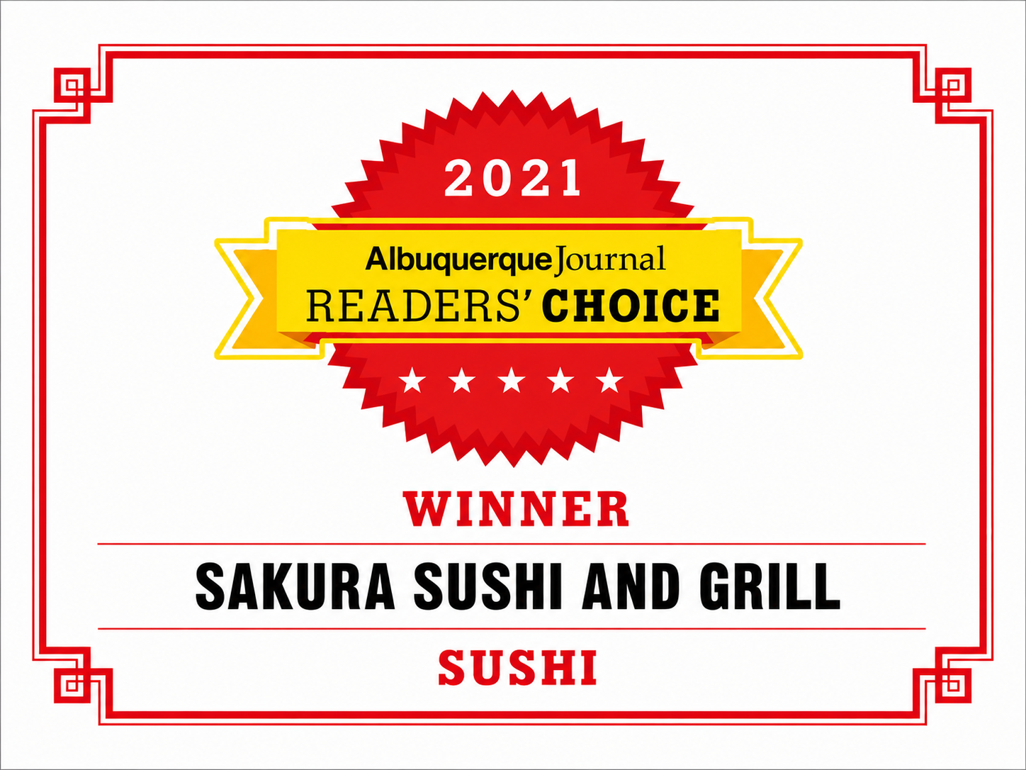 2021 Albuquerque Journal Readers’ Choice winner for sushi: Sakura Sushi and Grill.