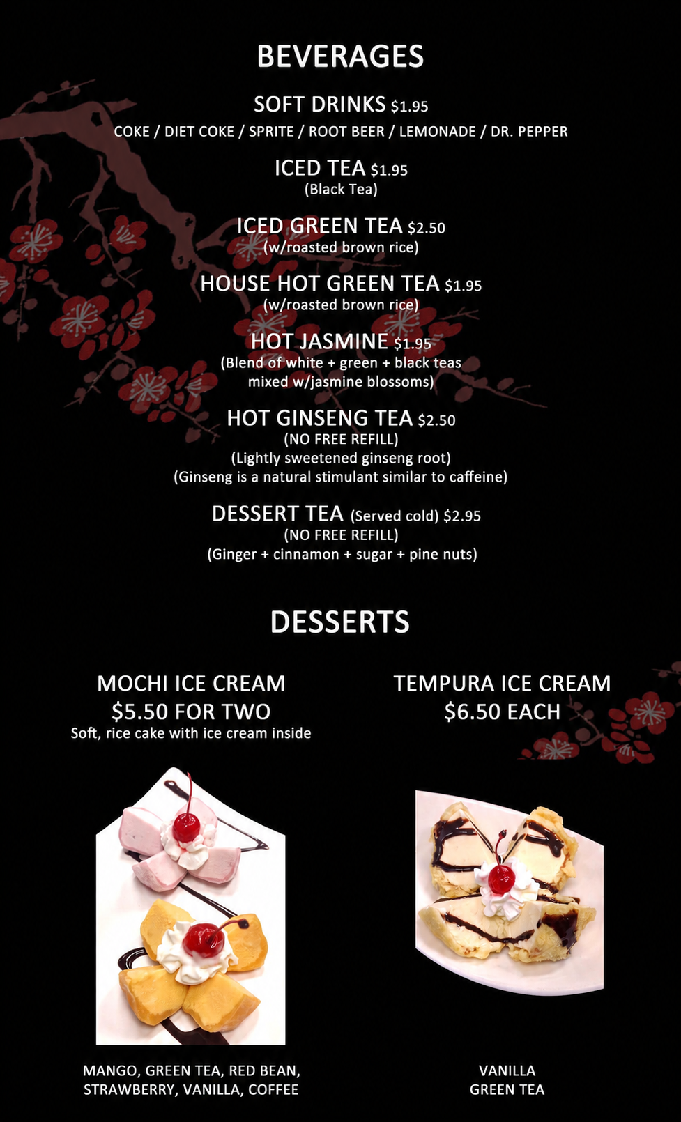 Sakura Sushi & Grill beverages and desserts menu with soft drinks, teas and Japanese desserts.