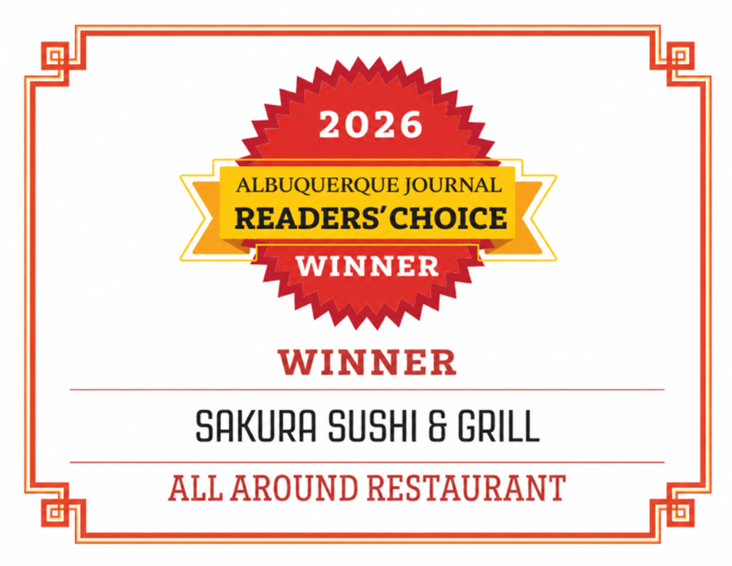 2025 Albuquerque Journal Readers' Choice winner Sakura Sushi & Grill all-around restaurant award.