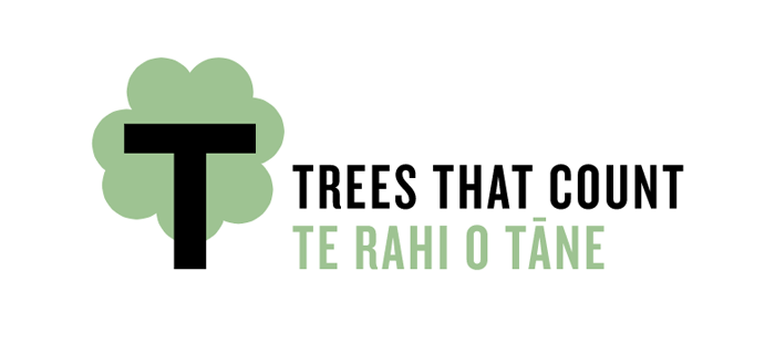 Logo with a stylized tree shape incorporating the letter T, alongside the text 'Trees That Count' and 'Te Rahi o Tāne'.