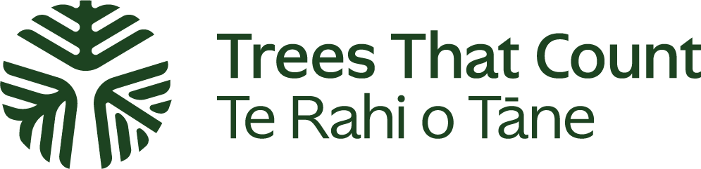 Logo with a stylized tree shape incorporating the letter T, alongside the text 'Trees That Count' and 'Te Rahi o Tāne'.