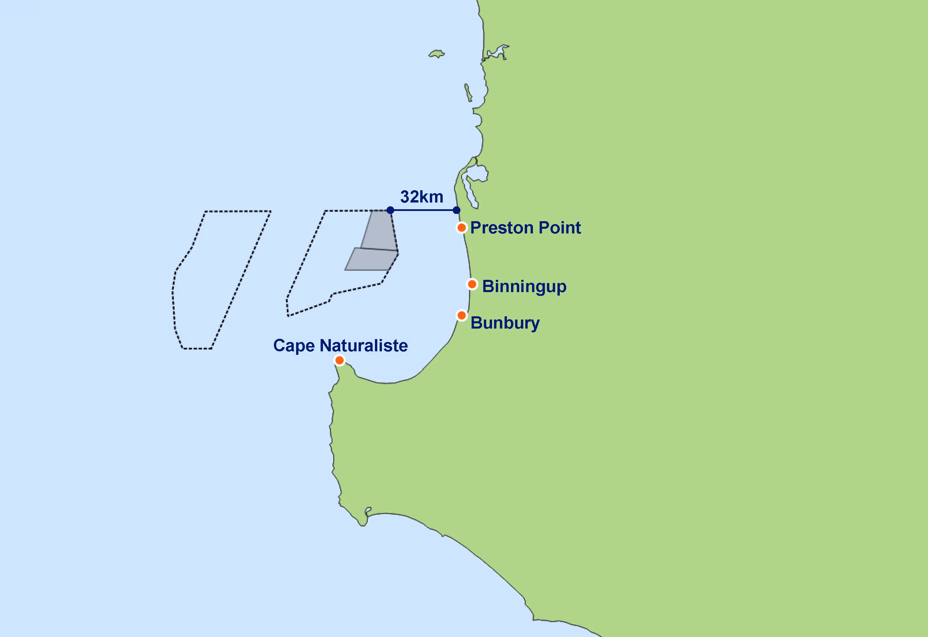 Map showing Preston Point, Binningup, Bunbury, and Cape Naturaliste on the Western Australia coast with offshore outlined areas and a 32km distance marked from coast to offshore zone.