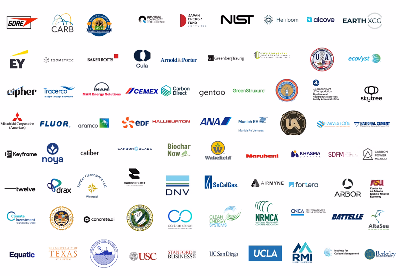 Grid of logos from various corporate, governmental, and research organizations including Gore, CARB, NIST, EY, Baker Botts, Mitsubishi, EDF, ANA, SoCalGas, UCLA, USC, Stanford Business, and Berkeley among others.