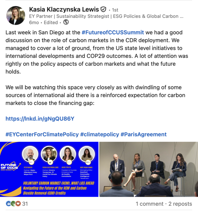 LinkedIn post by Kasia Klaczynska Lewis about the Future of CCUS Summit with an image showing four panelists: Peter Meyer, Kasia Klaczynska Lewis, Jackie Ferlita, and Hope Pagan-Hamos, and a photo of a live panel discussion with four women seated on stage.