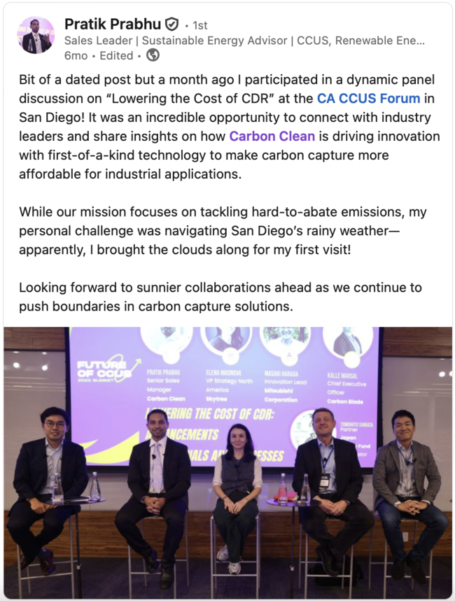 Five professionals sitting on high stools in front of a presentation screen during a panel discussion on lowering the cost of CDR at the CA CCUS Forum in San Diego.