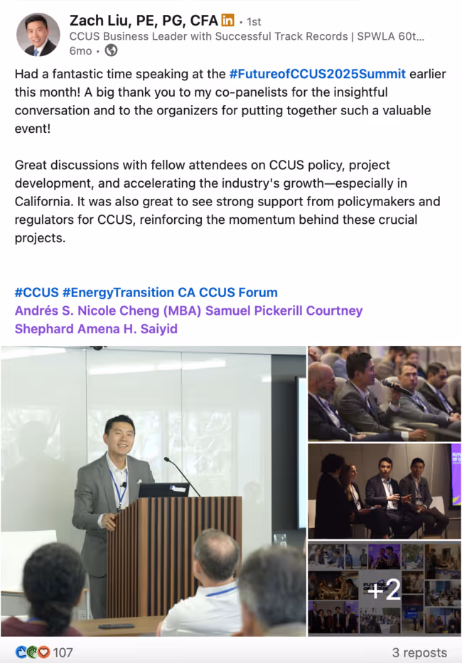 Collage of images showing a speaker presenting at a conference podium and panelists participating in discussions during the Future of CCUS 2025 Summit.
