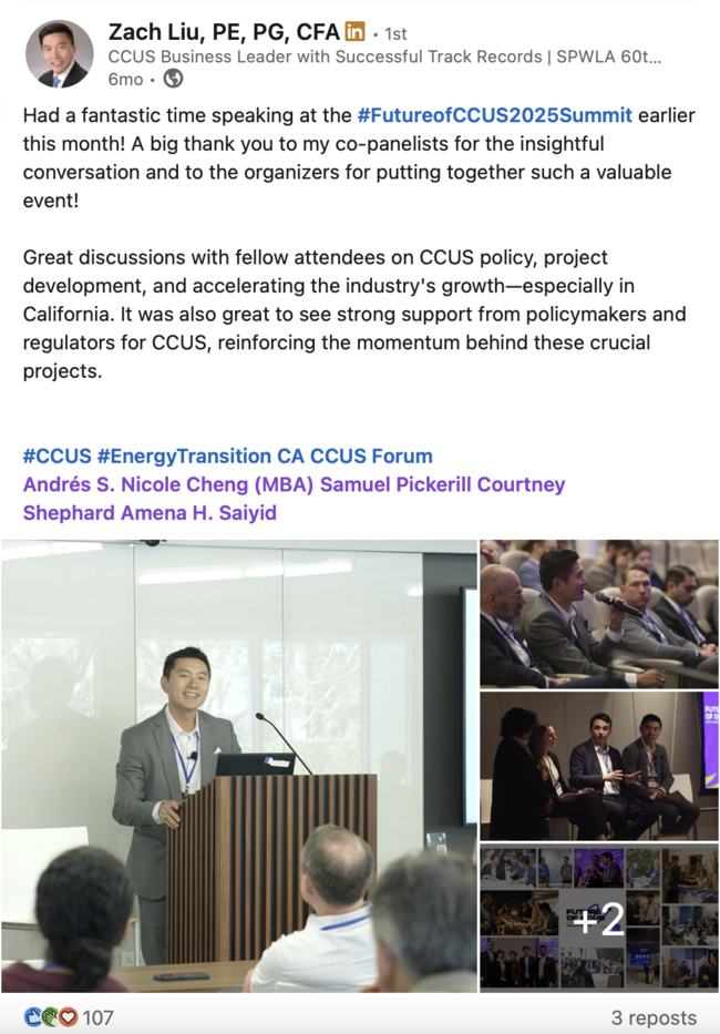 Collage of images showing a speaker presenting at a conference podium and panelists participating in discussions during the Future of CCUS 2025 Summit.