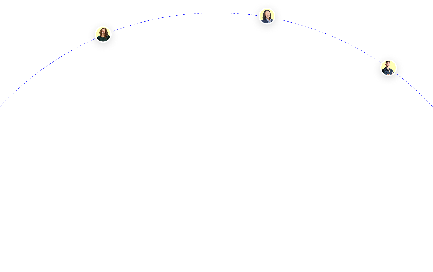 Graphic showing three profile pictures connected by dashed blue curved lines, representing a network of people.