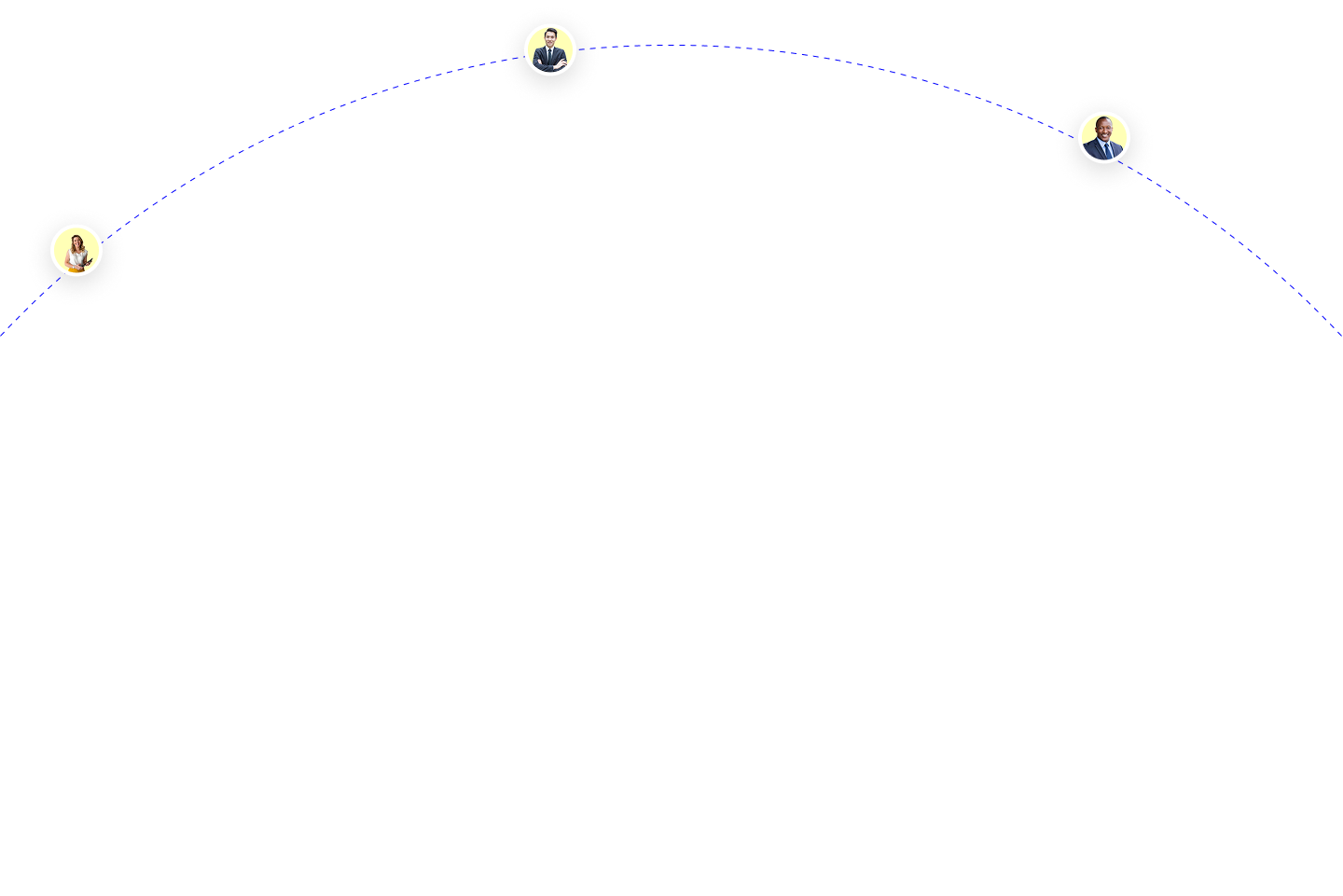 Three circular portraits of diverse professionals connected by a blue dotted curved line on a transparent background.