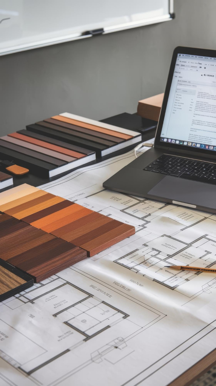 Detailed architectural floor plans and material samples for a Florida home remodeling project managed by Gonzo Interiors.