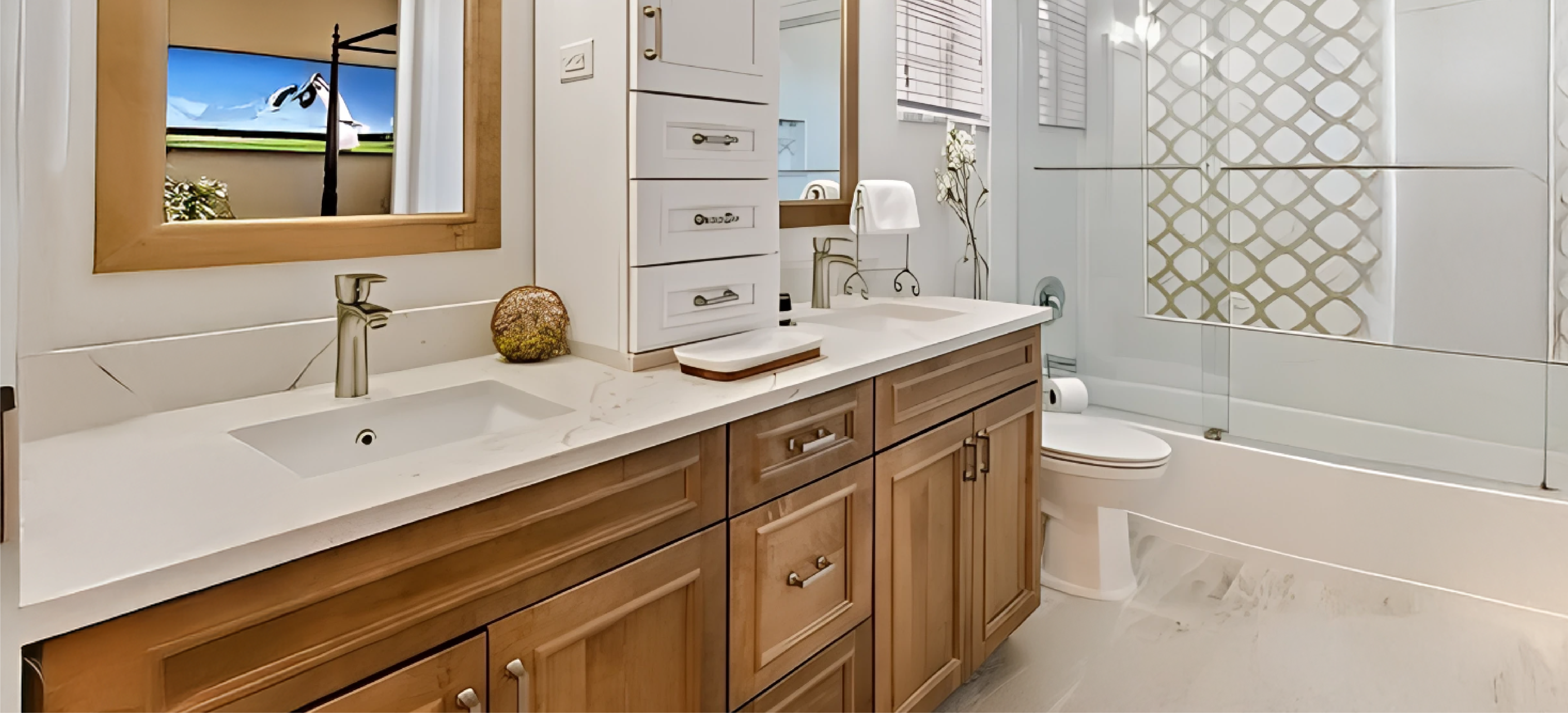 Mediterranean Zen master bath design in Sarasota, FL, featuring warm wood-toned vanities, quartz countertops, and gold hardware accents by Gonzo Interiors.