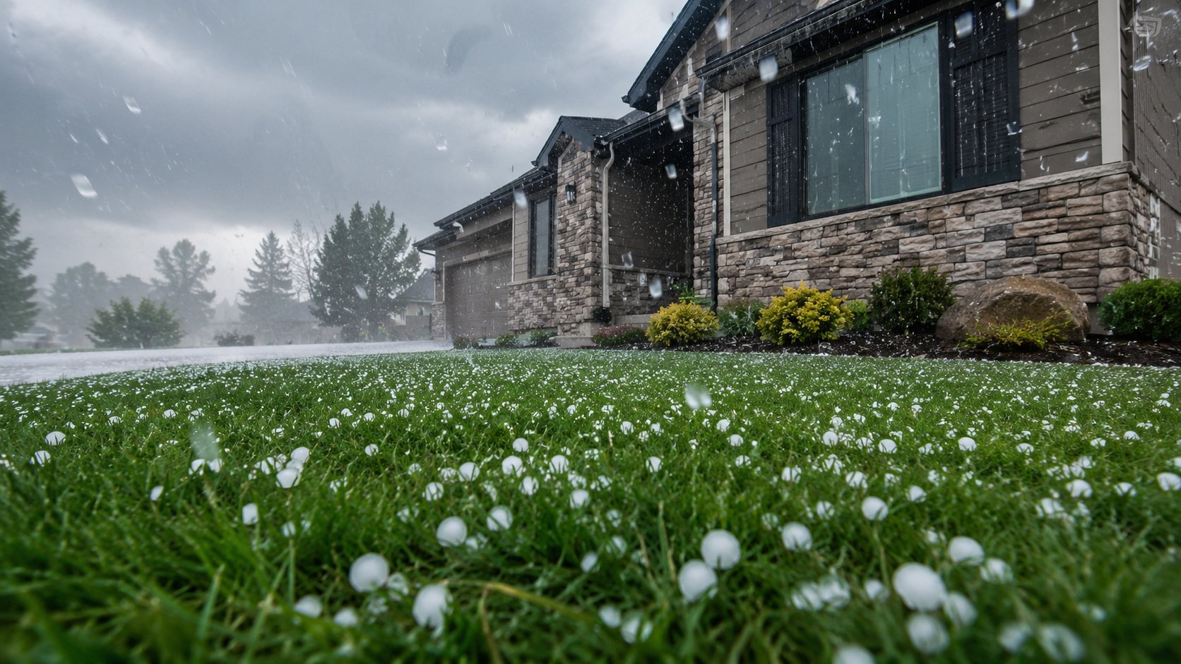 Hailstones falling on grass next to a residential property during a severe storm