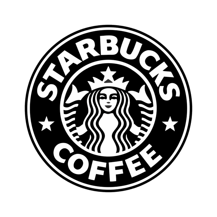 Black and white Starbucks Coffee circular logo with a crowned mermaid in the center.