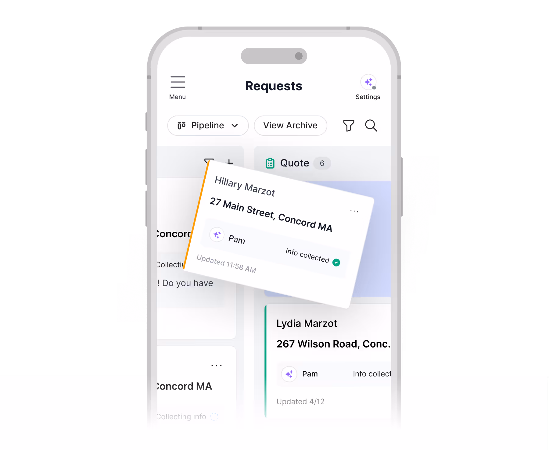 Mobile app screen showing a requests dashboard with contact cards for Hillary Marzot at 27 Main Street, Concord MA, and Lydia Marzot at 267 Wilson Road, Concord.