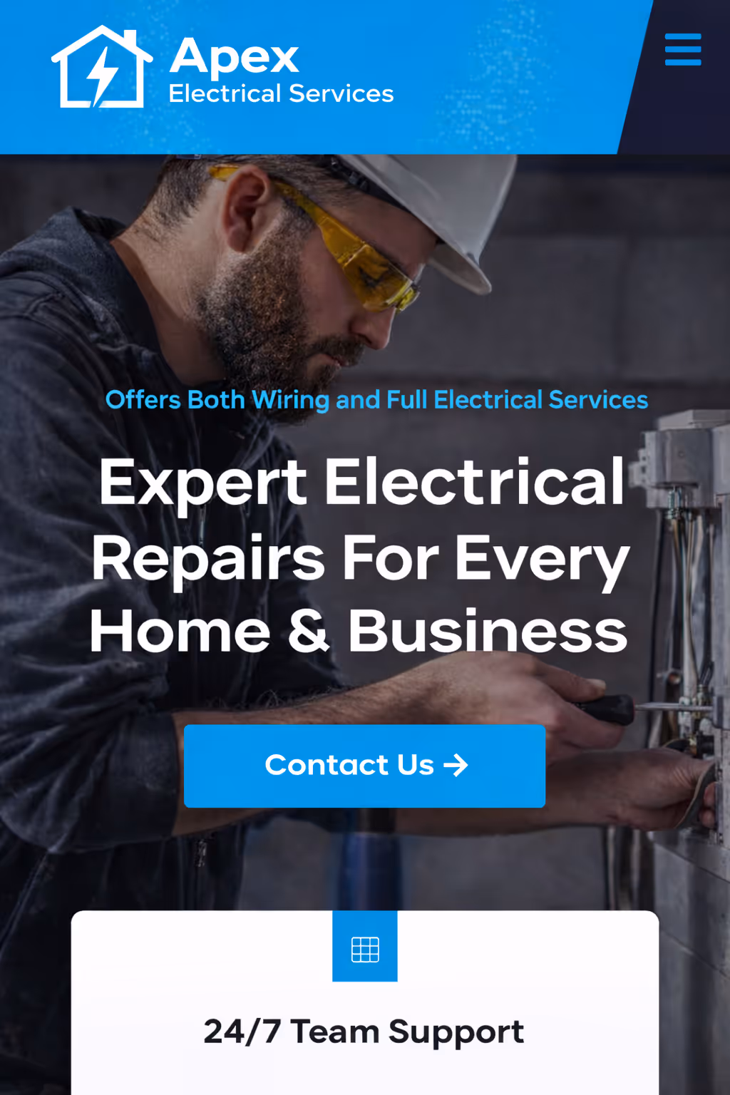 Smiling service technician in blue uniform holding a tablet displaying new leads and scheduler, with a service van and house in the background.