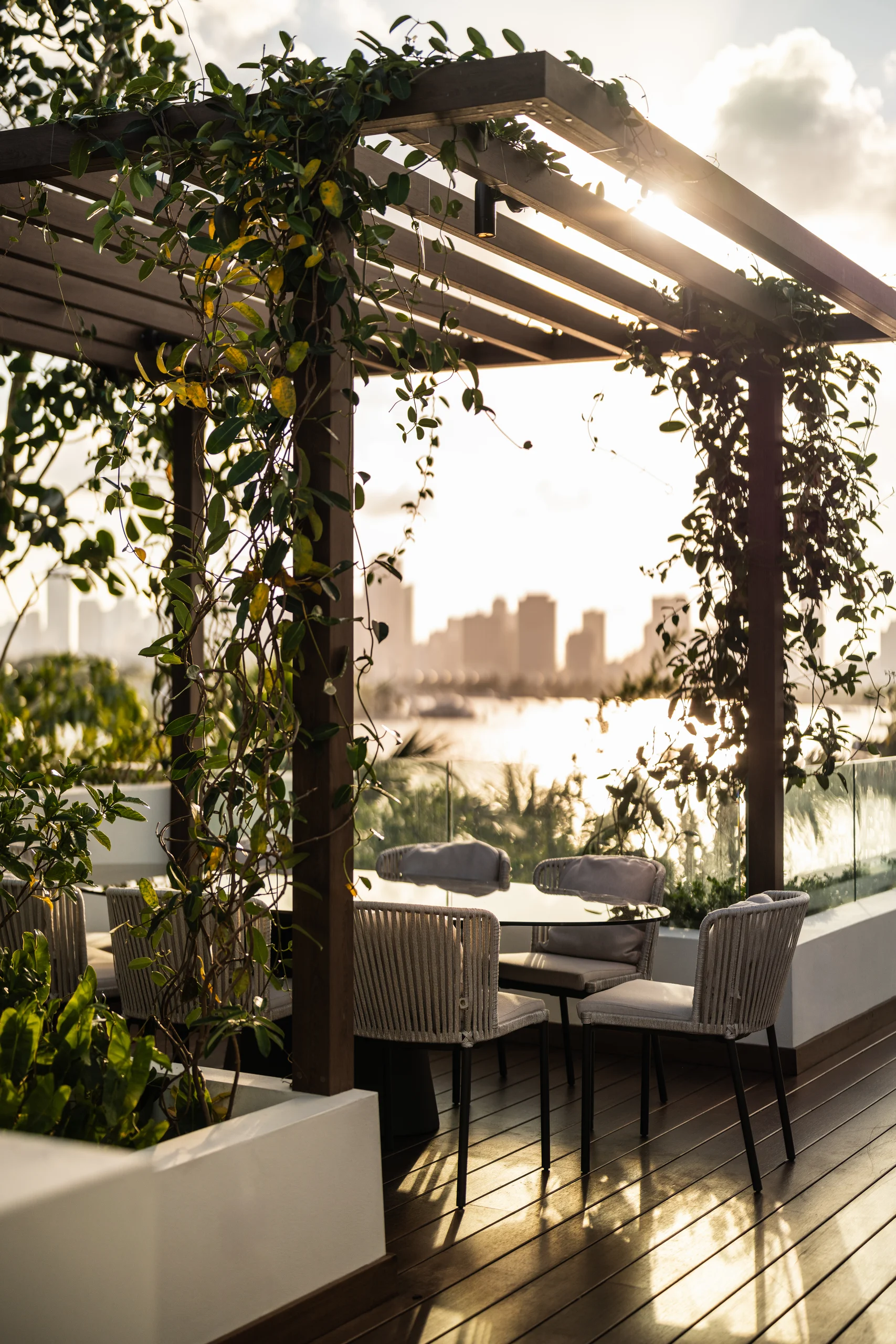 Rooftop pergola dining area with a vine-covered wood trellis overlooking the Miami skyline at sunset, Miami's Rive Gauche project by Dunagan Design.