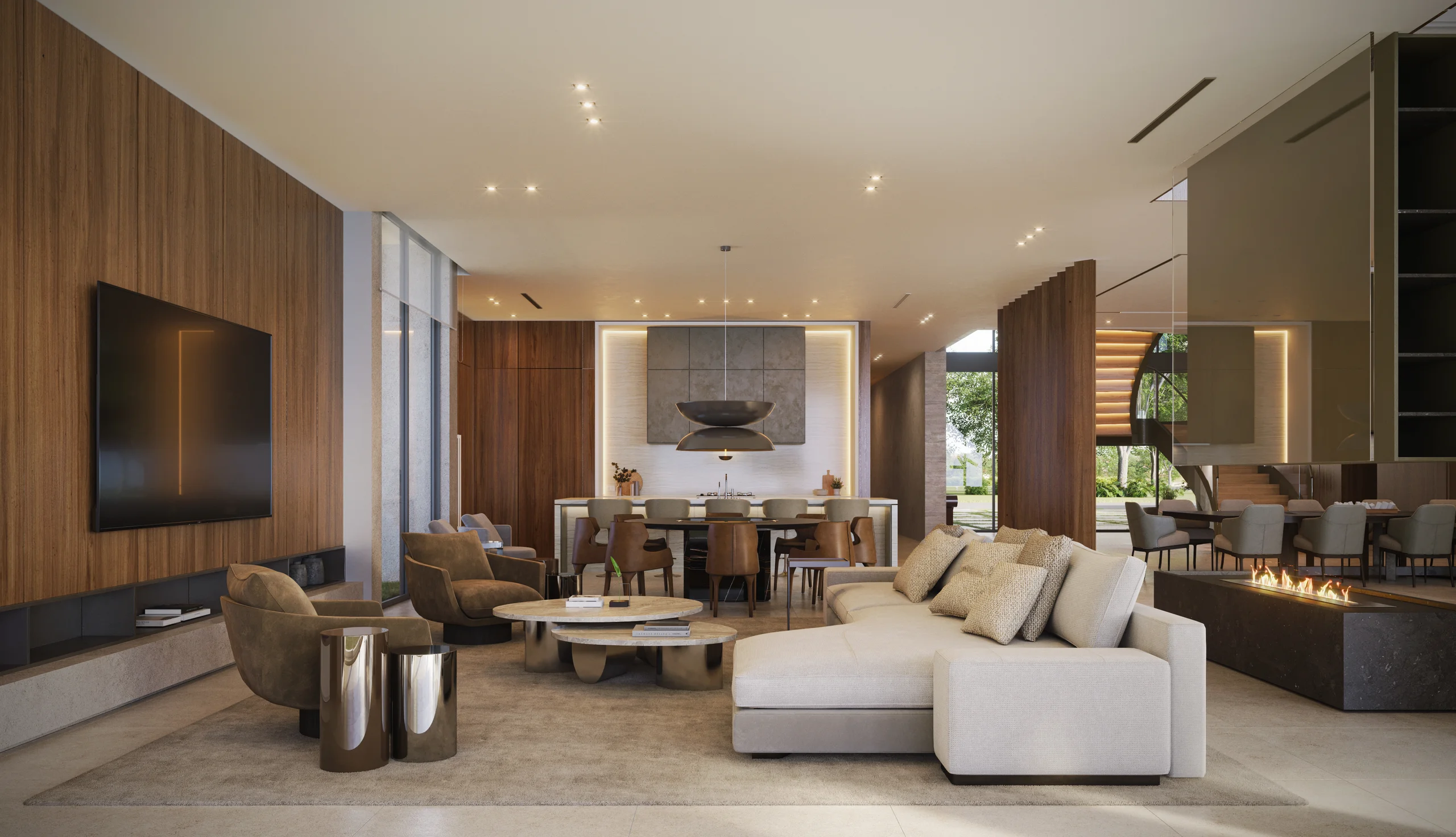 Open living, dining, and kitchen area with a walnut media wall, linear fireplace, and round dining table, Davis Island Retreat project by Dunagan Design.