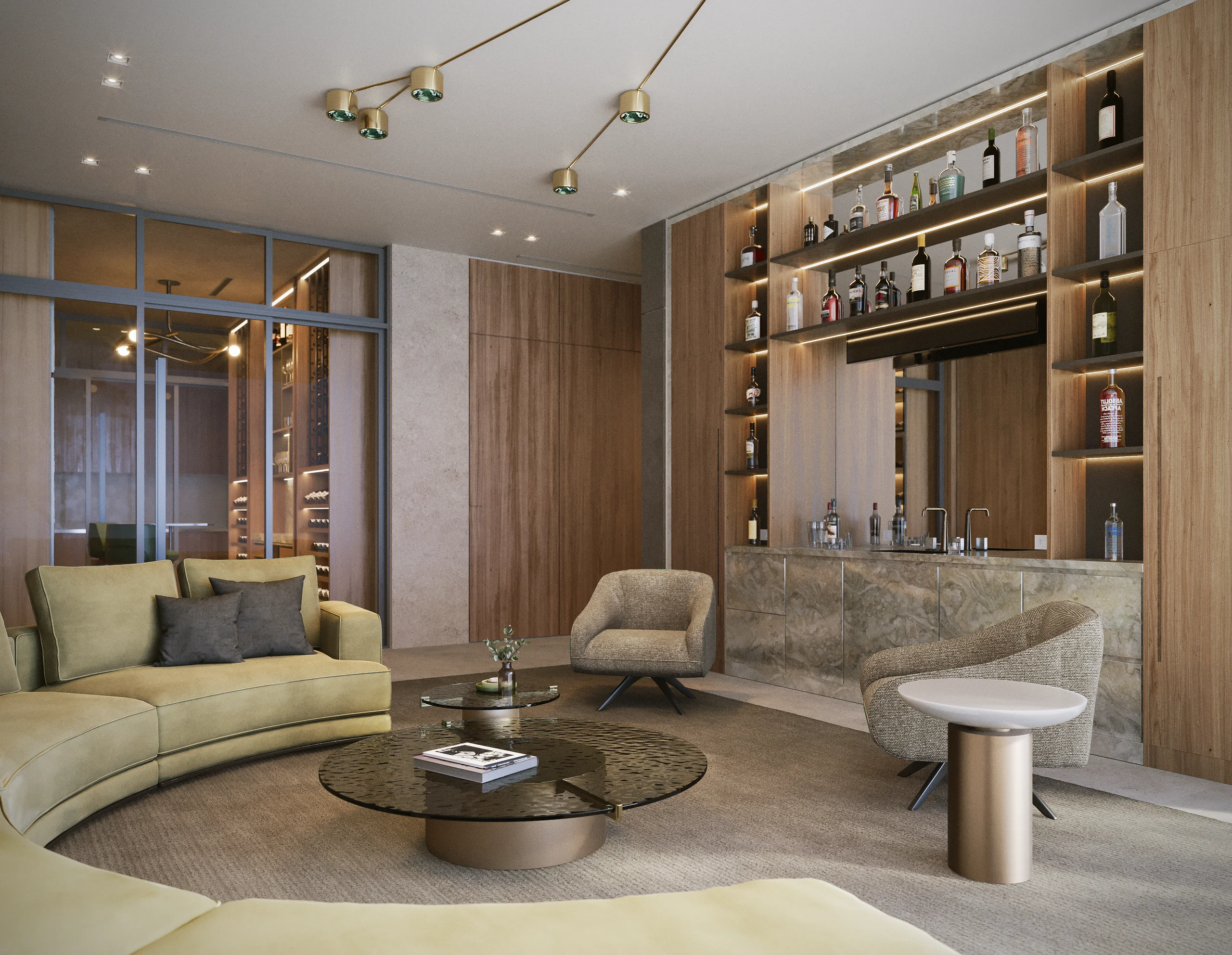 Bar and lounge with a curved velvet sofa, backlit wood bar shelving, and a glass-enclosed wine display, Davis Island Retreat project by Dunagan Design.
