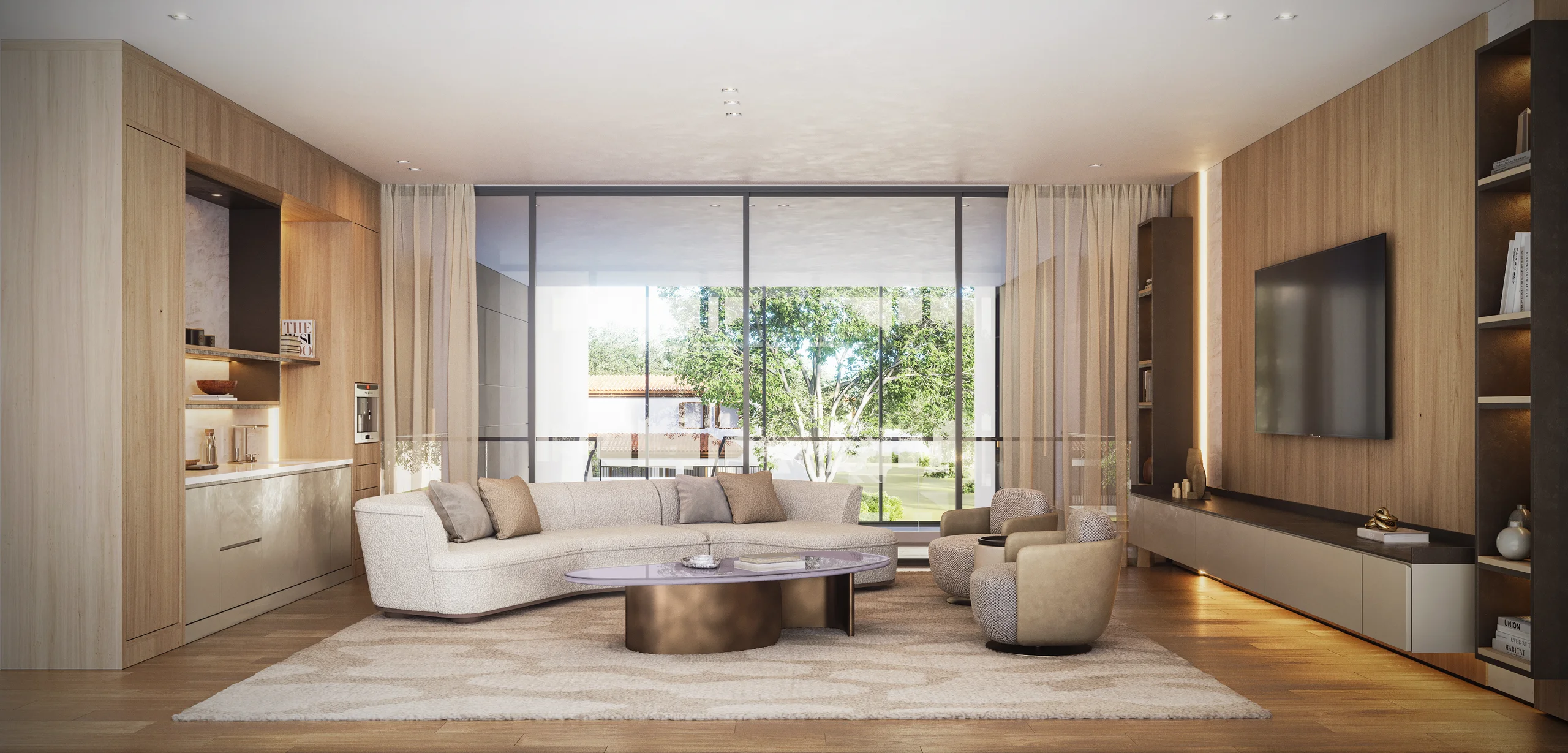Primary suite sitting area with a curved boucle sofa, wet bar nook, and floor-to-ceiling windows, Davis Island Retreat project by Dunagan Design.