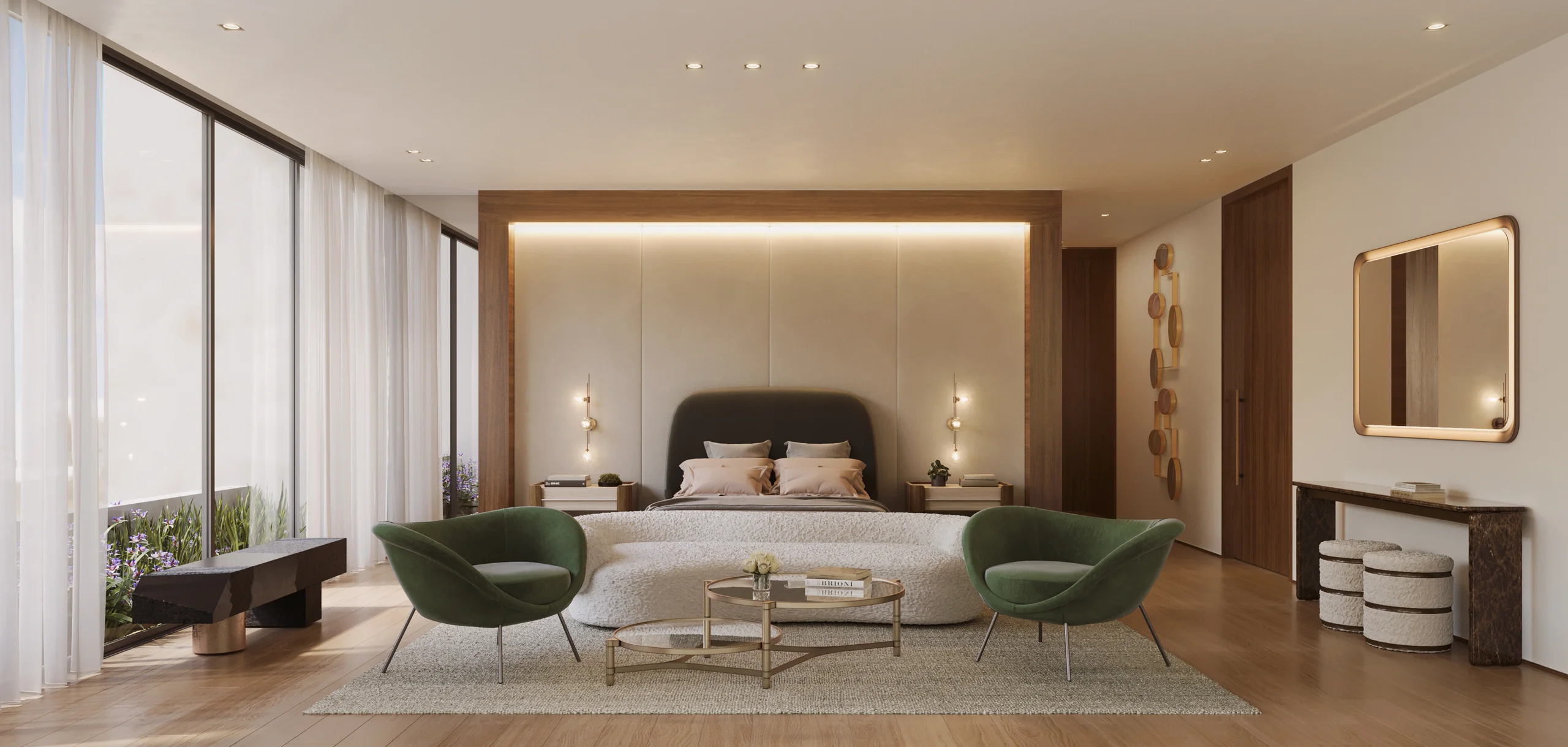 Primary suite sitting area with a curved boucle sofa, wet bar nook, and floor-to-ceiling windows, Davis Island Retreat project by Dunagan Design.