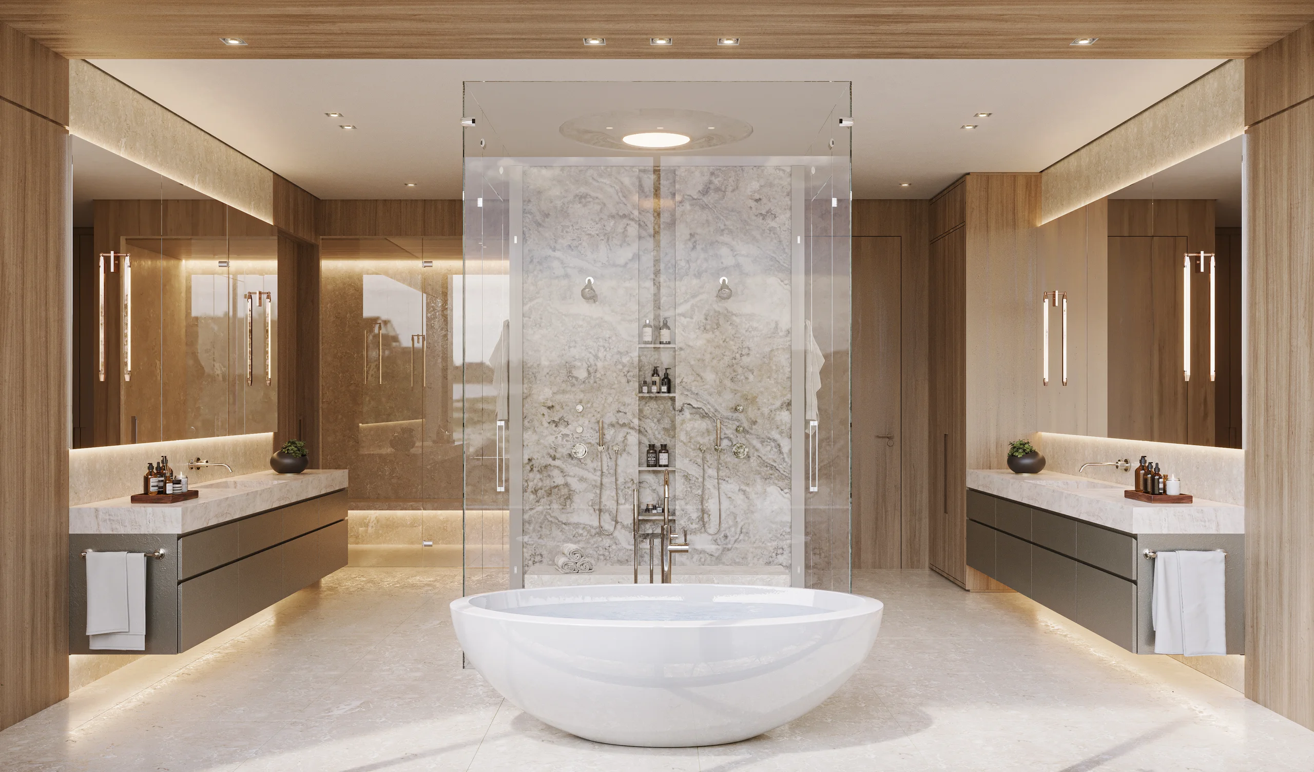Primary bathroom with a freestanding soaking tub, book-matched stone shower wall, and dual floating vanities, Davis Island Retreat project by Dunagan Design.