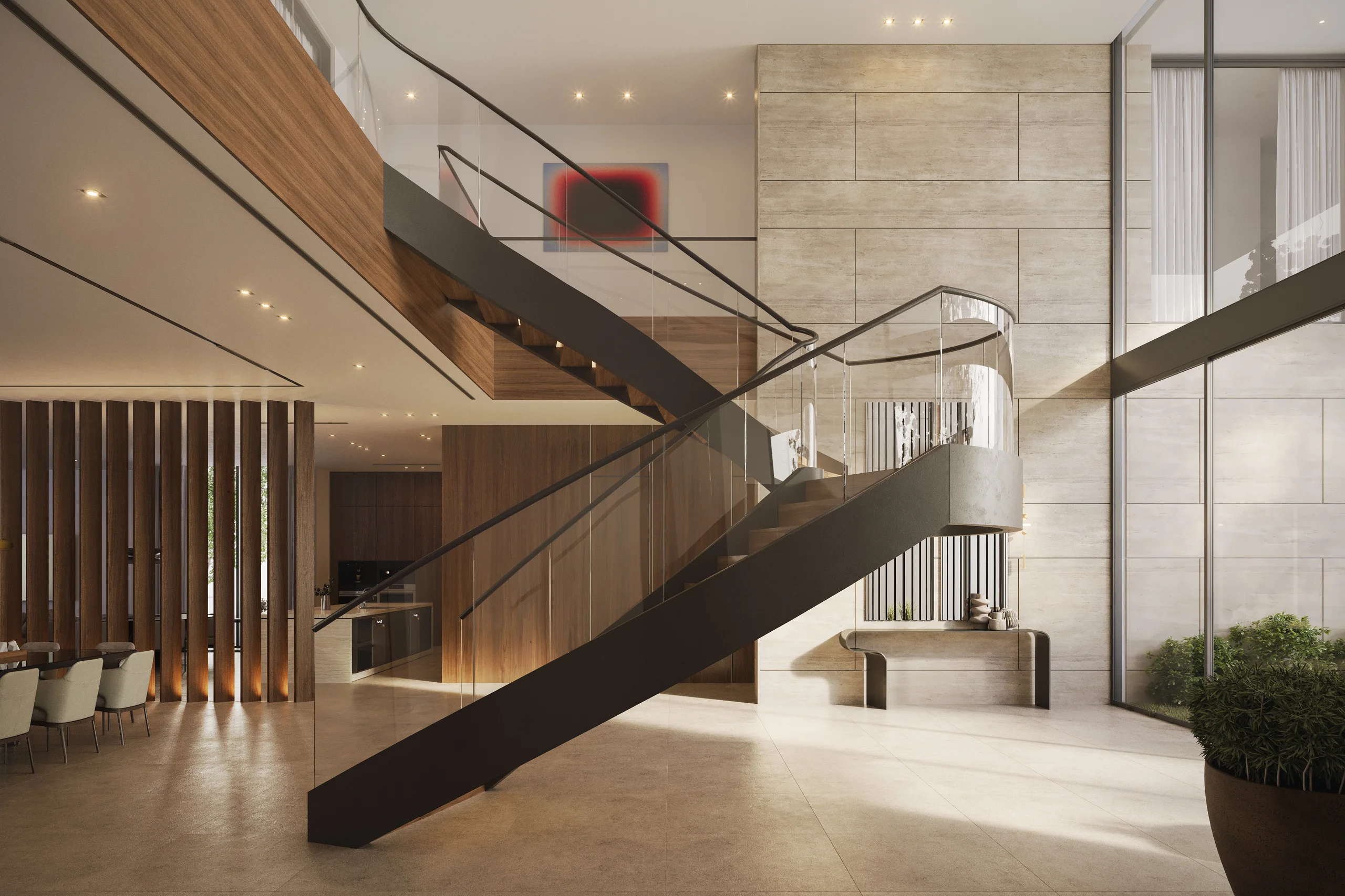 Double-height entry with a sculptural steel-and-glass staircase, travertine accent wall, and curved console table, Davis Island Retreat project by Dunagan Design.