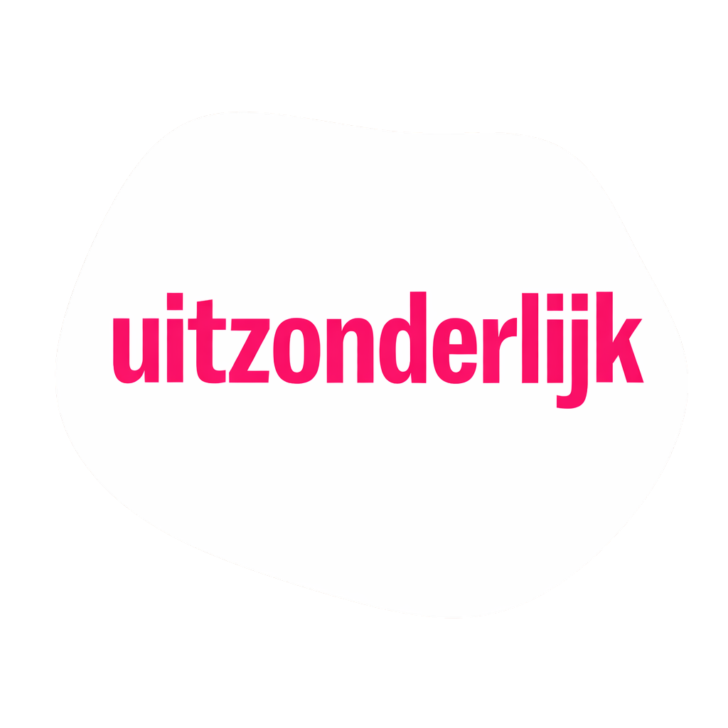 Het woord 'uitzonderlijk' in roze letters op een witte, organische, onregelmatige achtergrond.