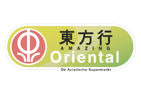 Logo van Amazing Oriental Aziatische supermarkt met Japanse tekens en een rood-wit symbool.