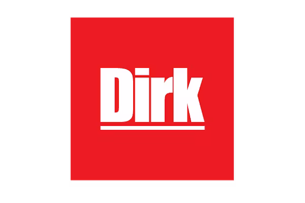 Logo van Dirk, een supermarktketen, met witte letters op een rode achtergrond.