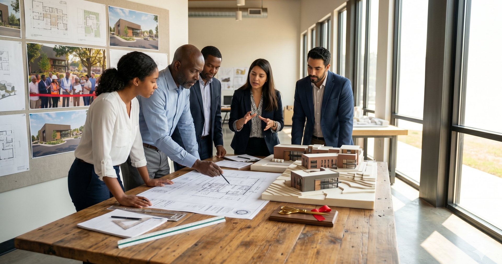 Diverse team of architects and planners reviewing site plans and a building model in a CSBD studio