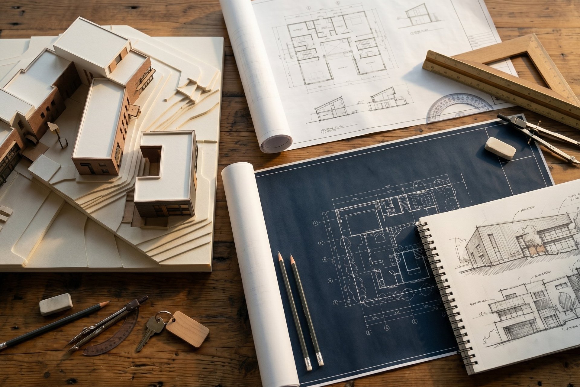 Architectural flat-lay showing a foam building massing model, blueprints, hand sketches of a modern building, and drafting tools on a wooden desk