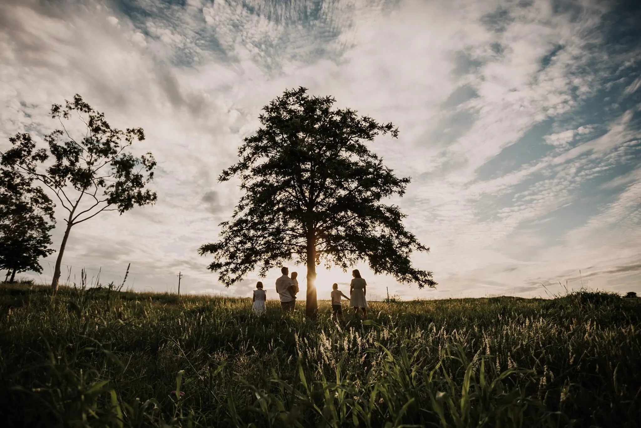 Family standing beneath a gum tree in a paddock at sunset