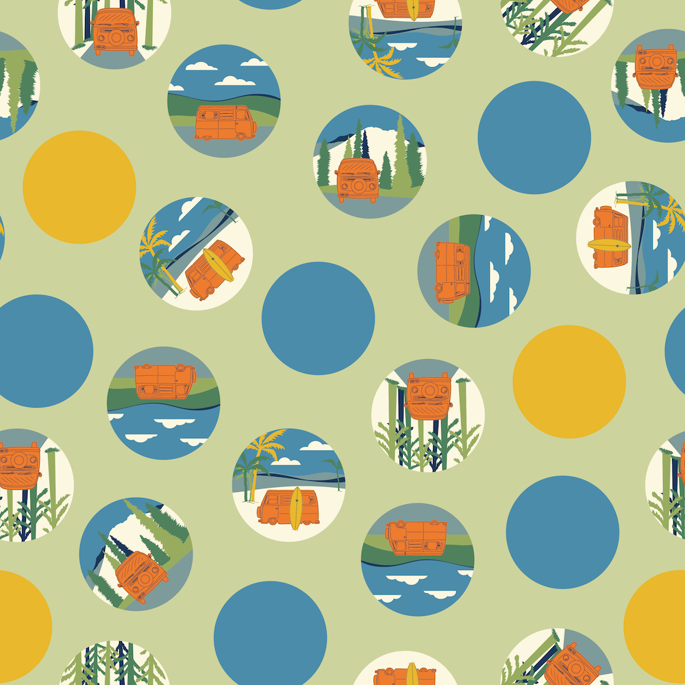 Repeat pattern of multi colored dots with scenes of VW vans in different landscapes