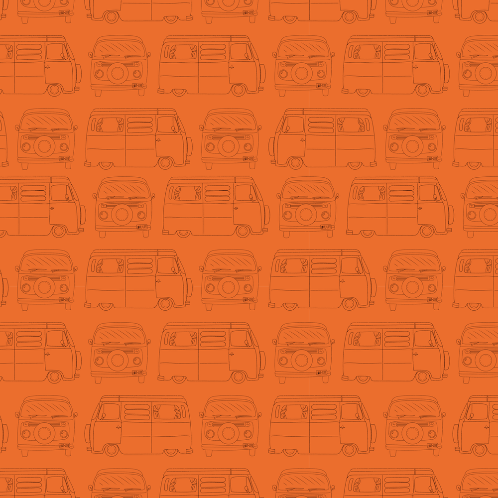 vintage VW bus repeat pattern on an orange background