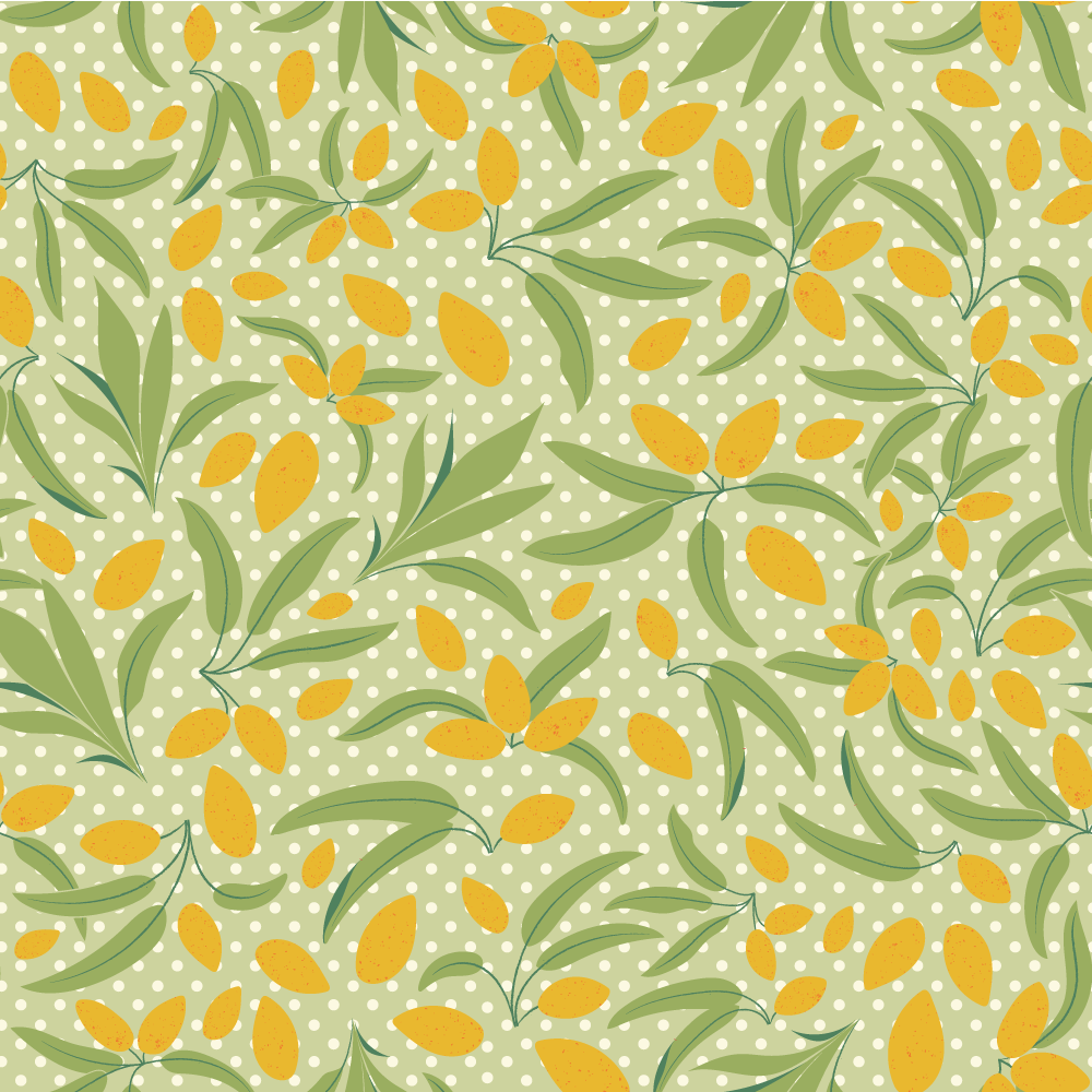 repeat pattern of graphic almond leaves on a green polka dot background