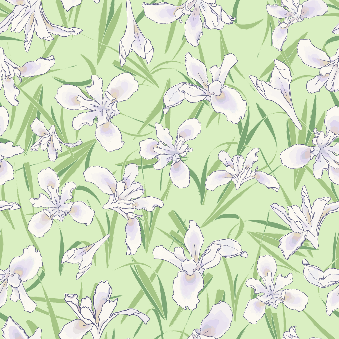 repeat pattern white lilies on a light green background