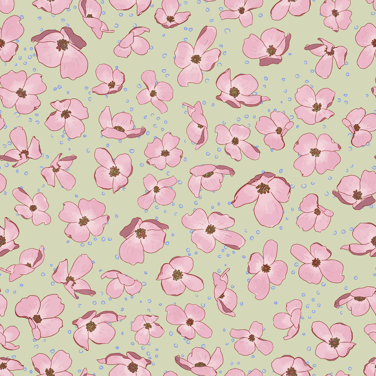 repeat pattern dogwood flowers on a light green background
