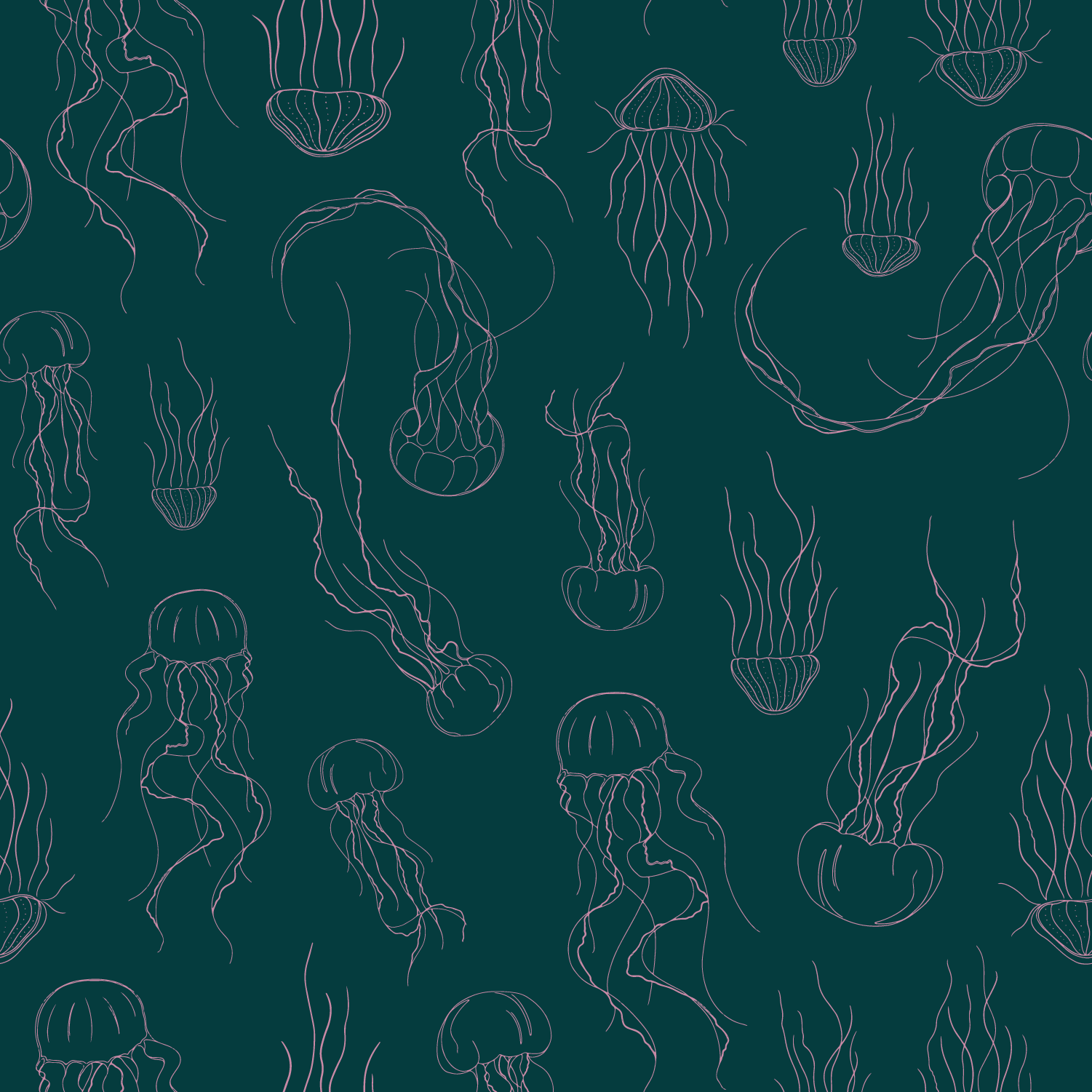repeat pattern pink jellyfish on a dark teal background