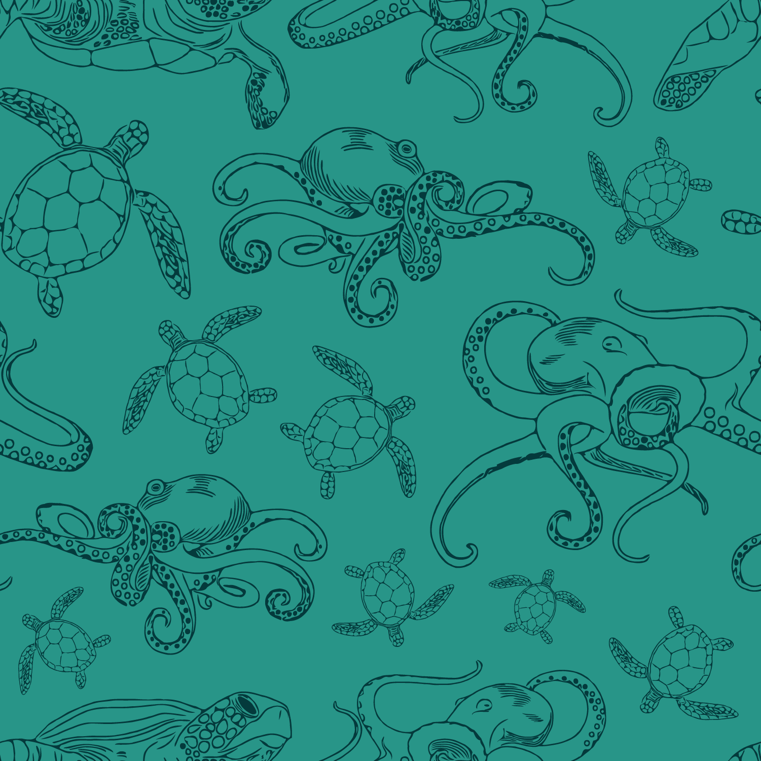 repeat pattern illustrated octopuses and sea turtles on a teal background