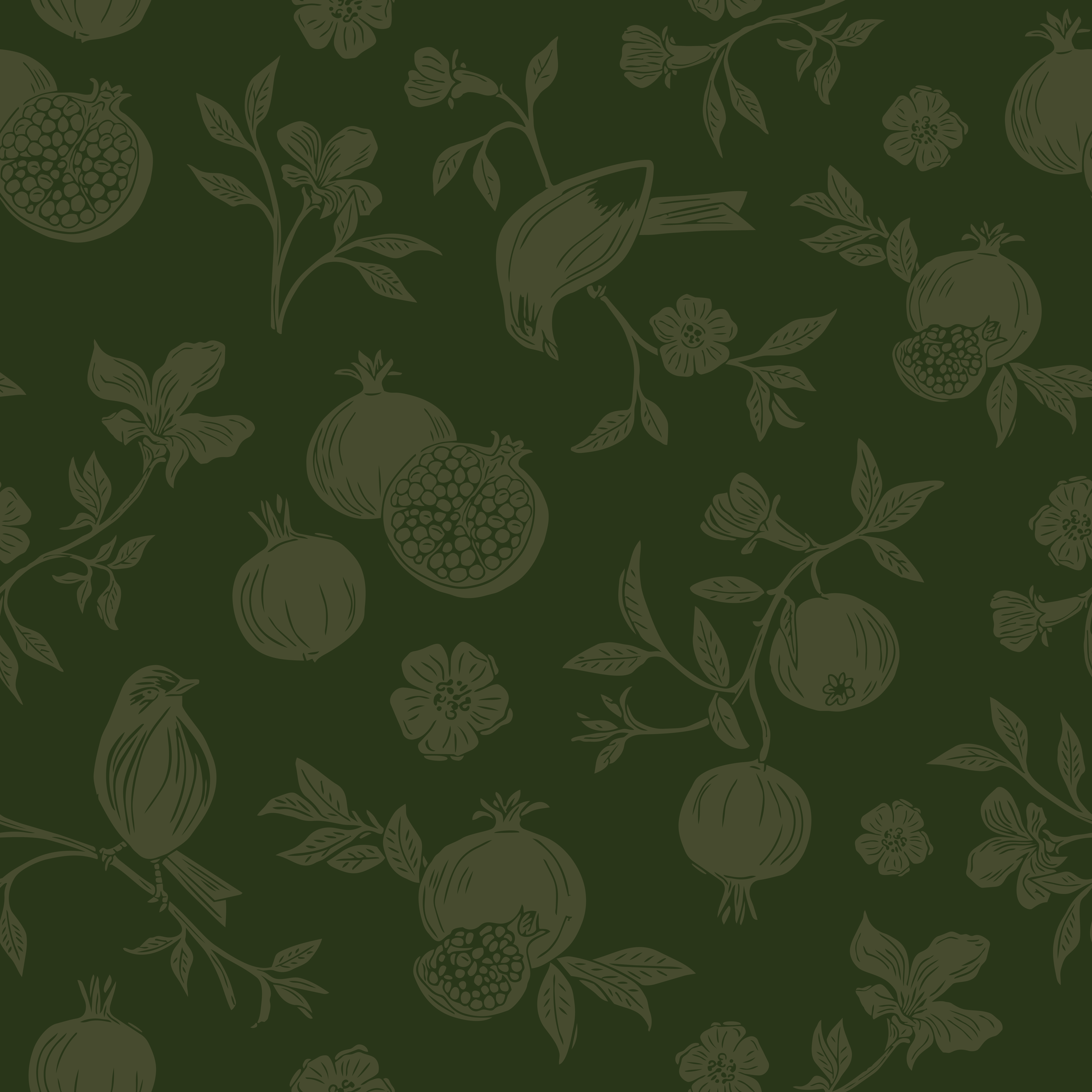 Green linocut birds and pomegranates on a dark green solid background repeat pattern