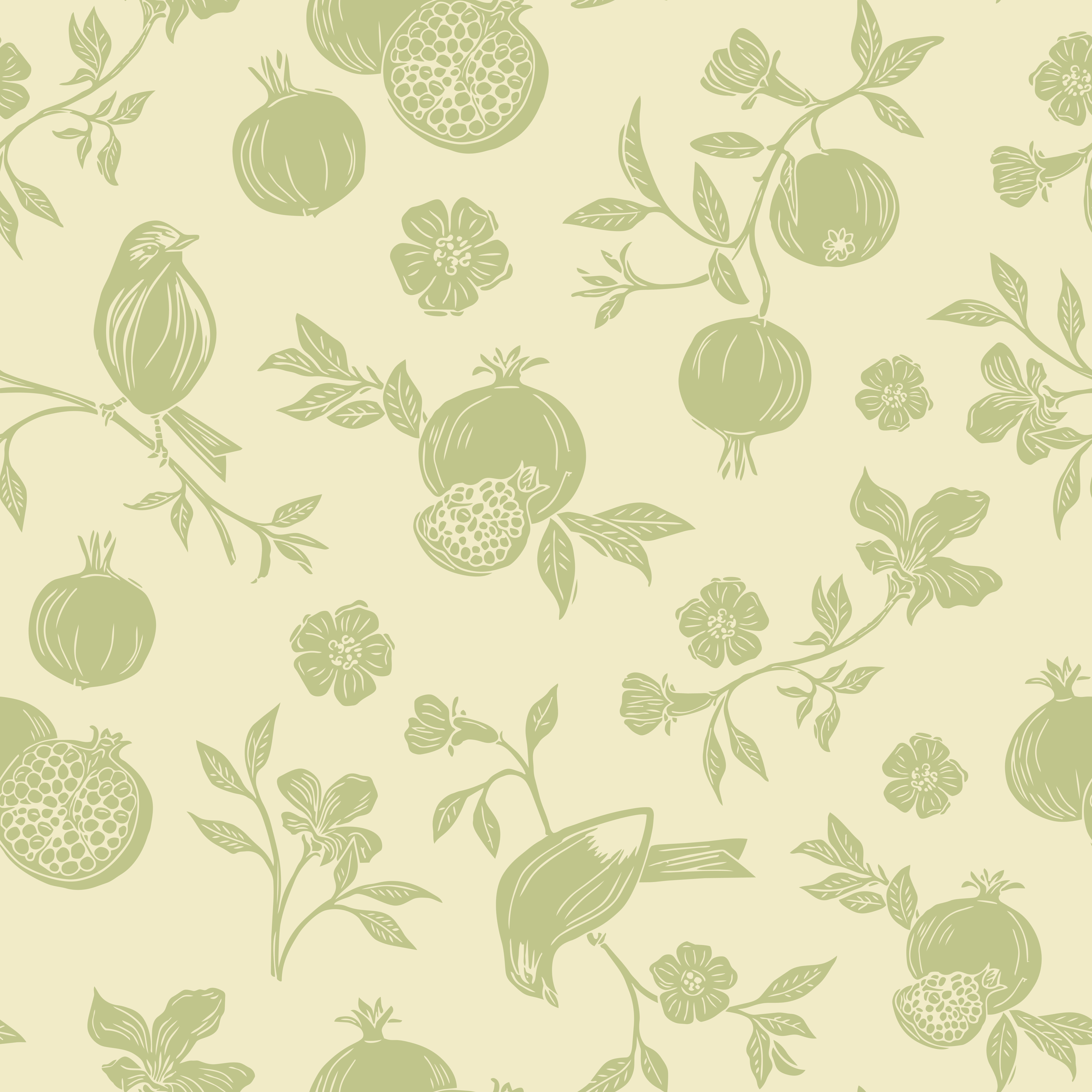 Green linocut birds and pomegranates on a solid cream background repeat pattern