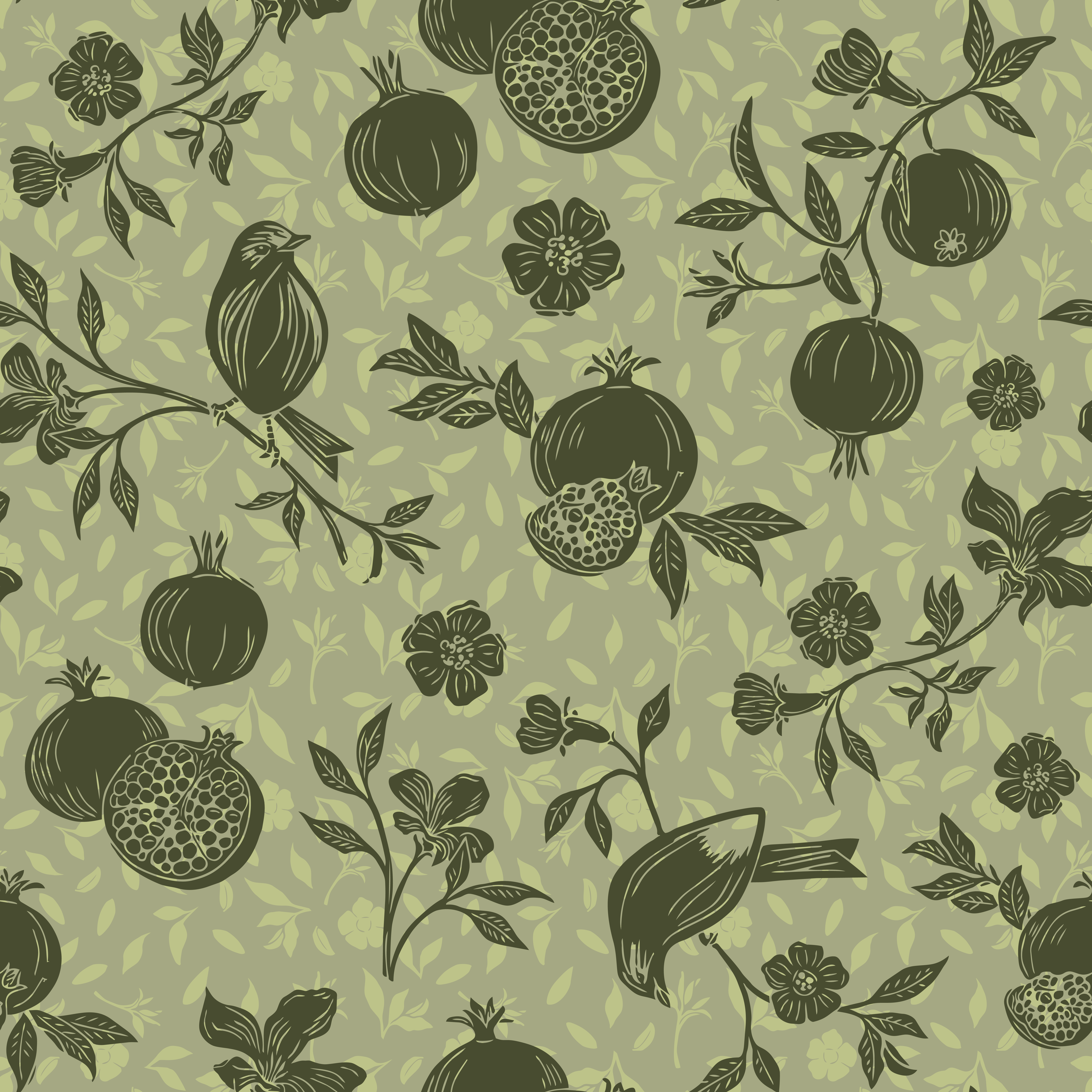 Green linocut birds and pomegranates on a light green floral background repeat pattern