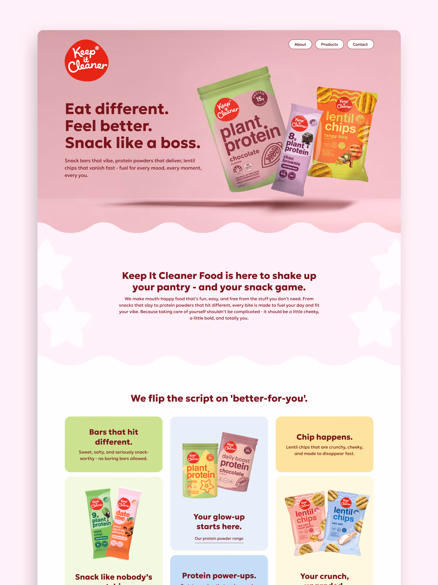Keep It Cleaner snack products including plant protein powder, protein bars, and lentil chips against a pink background with text promoting healthy snacking.
