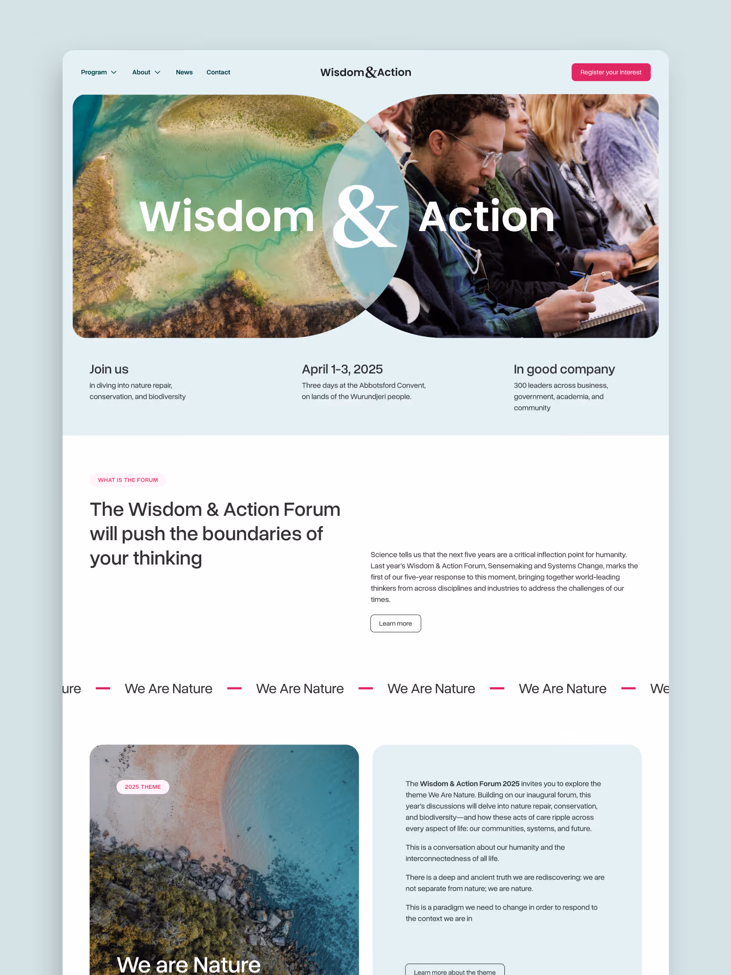Website homepage showing an event titled Wisdom & Action, with aerial nature and group seminar images, event details for April 1-3, 2025, and a theme called We Are Nature.