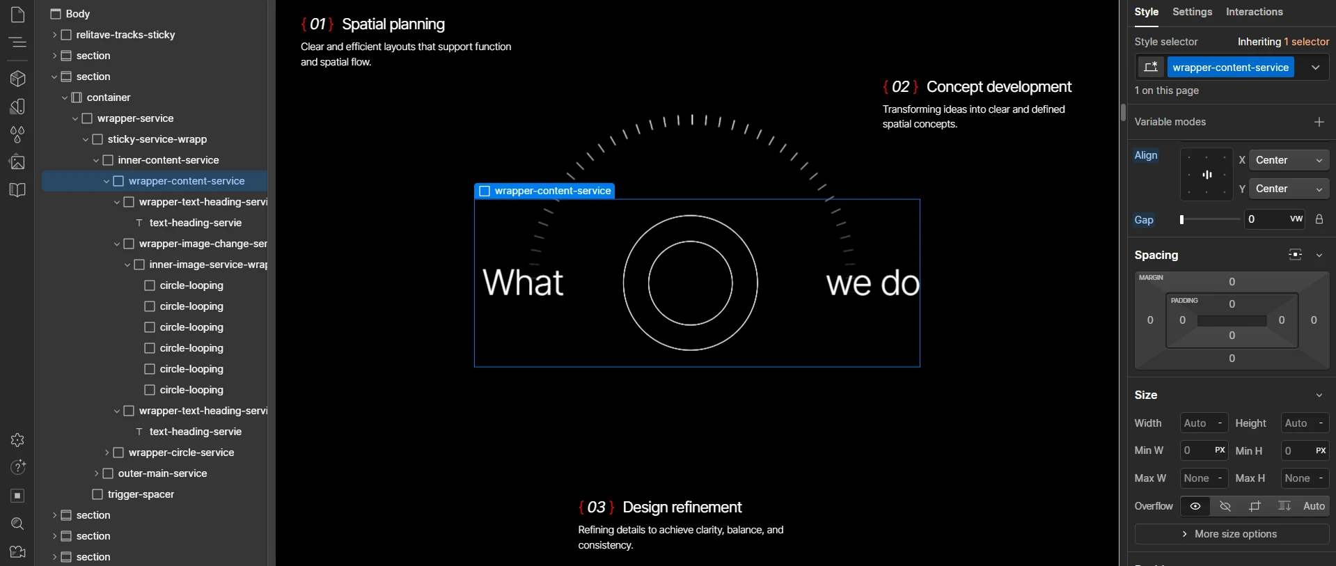 Web design interface showing a layered visual layout with blur and motion effect images, and text listing Web Development, 3D Artist, Graphic Design, and UI/UX Designer services.