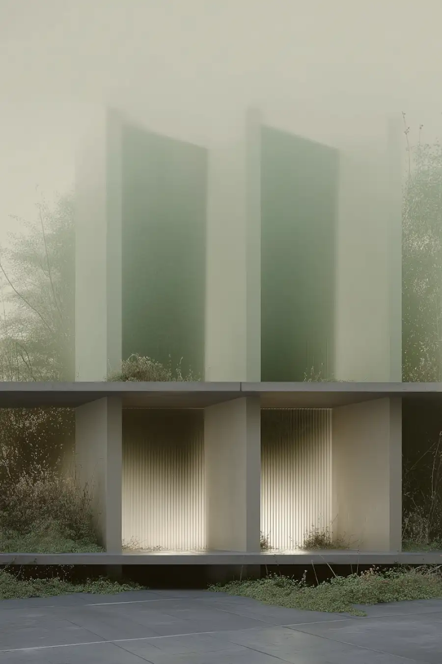 Modern architecture with tall pale green columns and soft natural lighting.