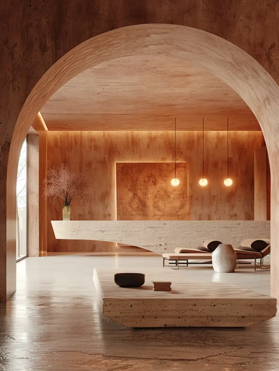 Minimalist interior with a large archway and low furniture in warm neutral tones.
