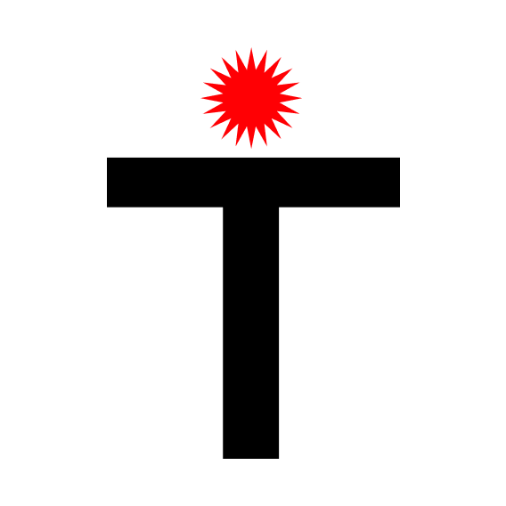 Letter T black logo with red sun.