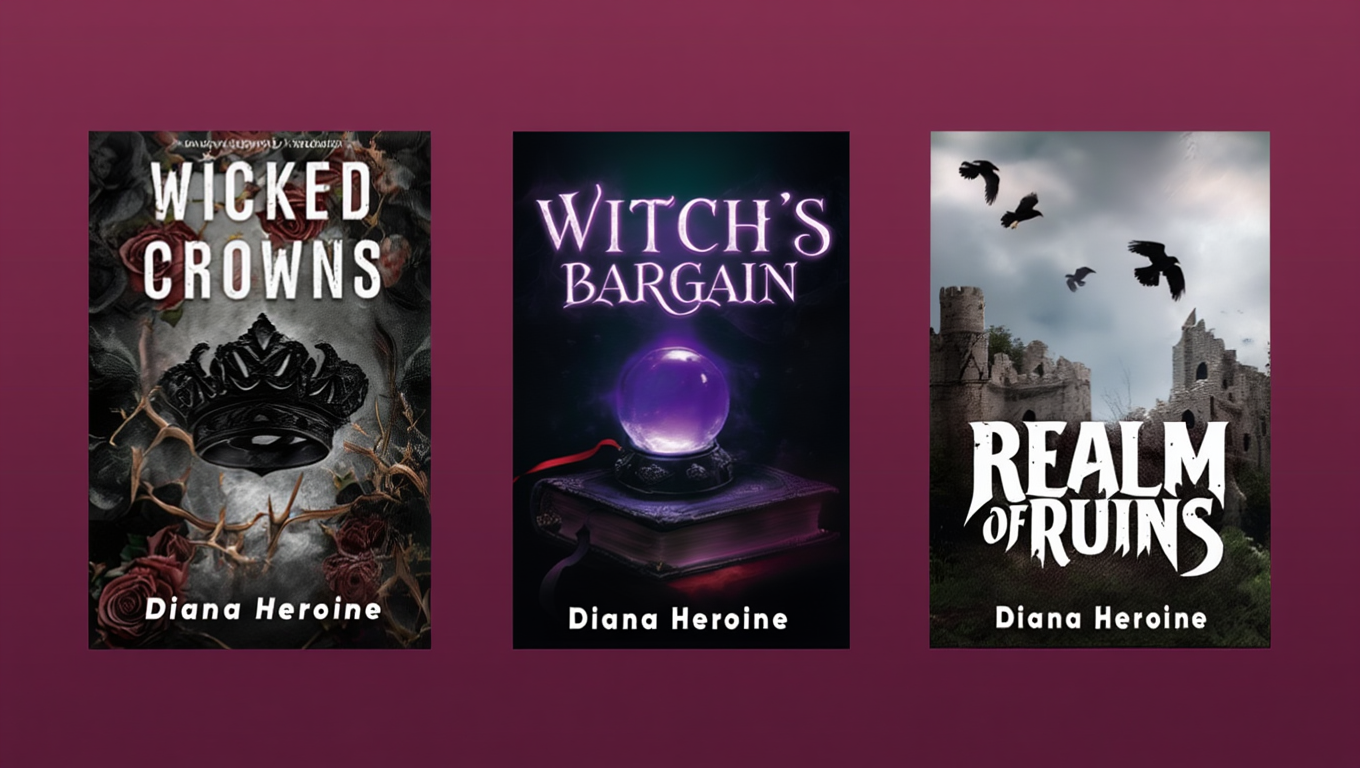 Three fantasy book covers displayed side by side on a deep plum background. From left to right: Wicked Crowns by Diana Heroine, featuring a dark crown surrounded by thorns and roses; Witch’s Bargain by Diana Heroine, showing a glowing purple crystal ball resting on an ornate book; and Realm of Ruins by Diana Heroine, depicting crumbling stone castle ruins under a cloudy sky with black birds flying overhead.